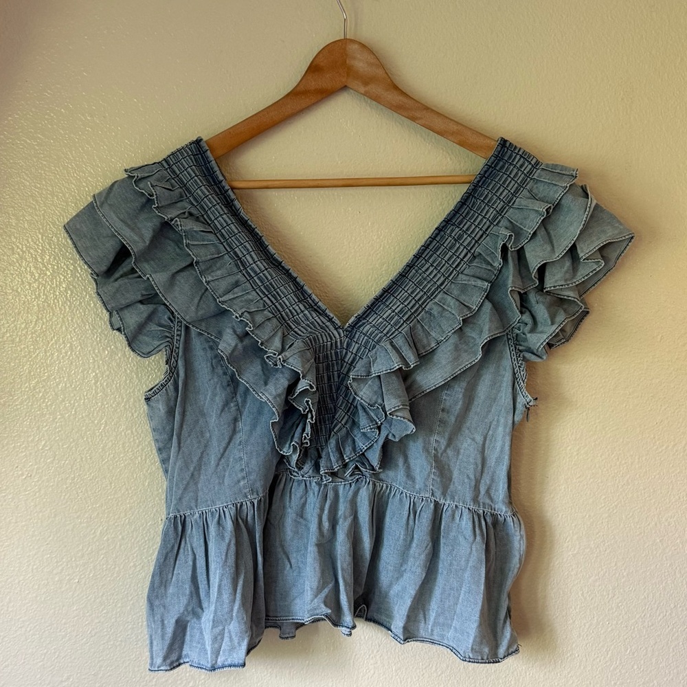 BiBi Denim Blue Ruffled Blouse